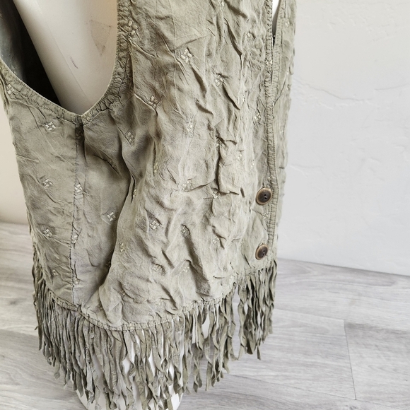 Action Wear Sage‎ Green Vest L Vintage Quilt Pattern Fringe Embroidered Crushed - Picture 9 of 13